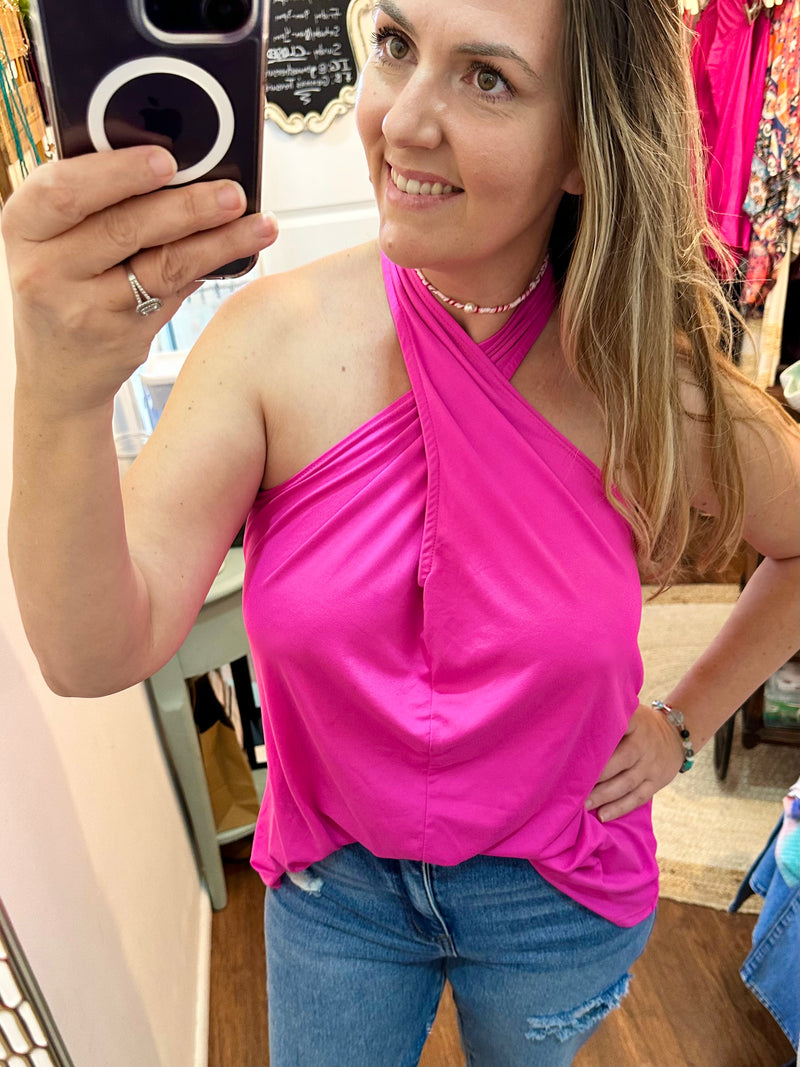 Fushia Ellis Twist Neck Top