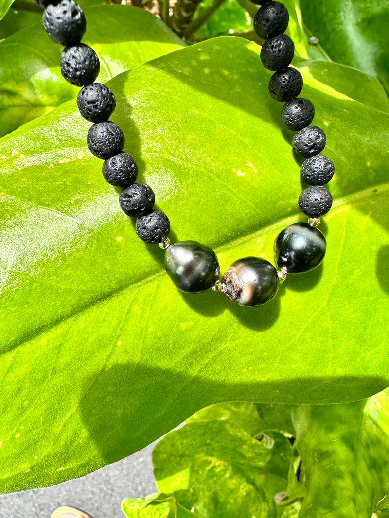 Tahitian Black Pearl and Lava Necklace