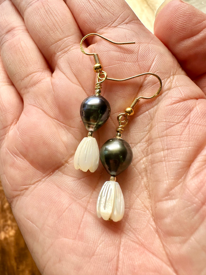 Tahitian Pearl & Mother of Pearl Crown Flower Earrings