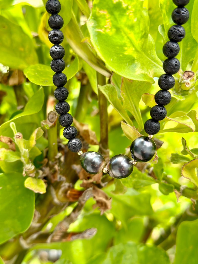 Tahitian Black Pearl and Lava Necklace