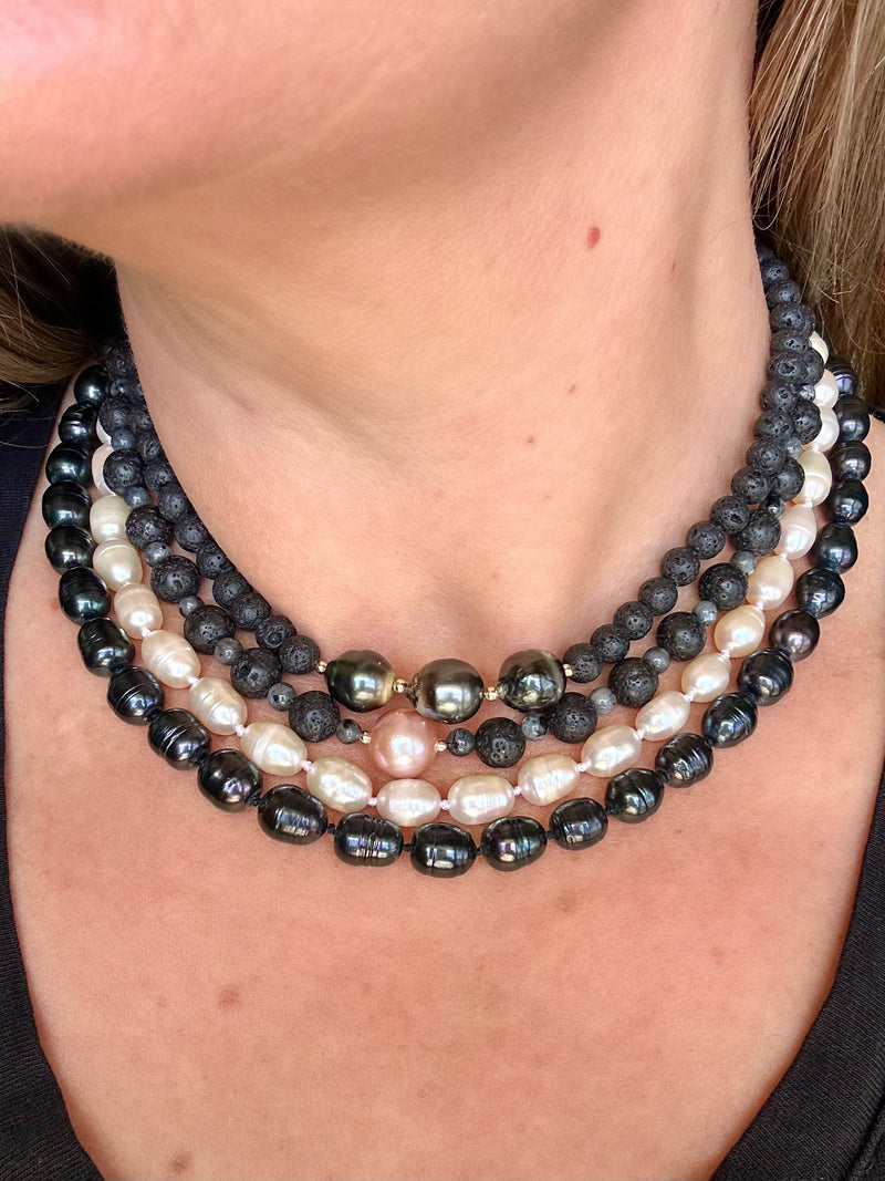 Tahitian Black Pearl and Lava Necklace