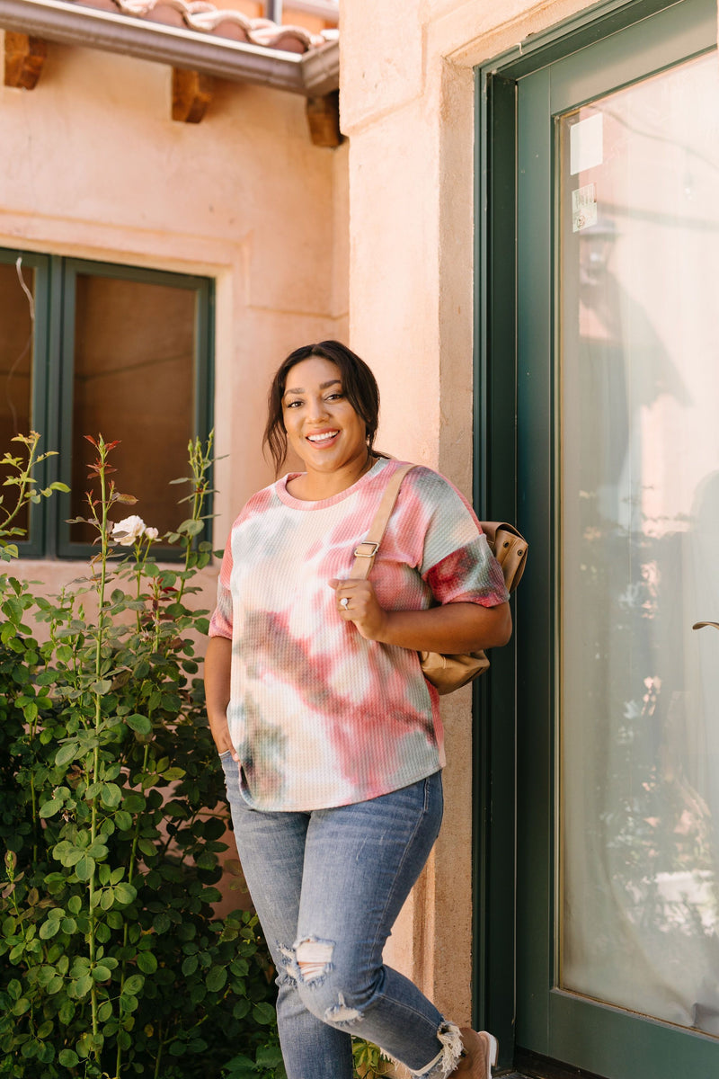 Waffle Knit Tie Dye Top In Sunrise - On Hand-1XL, 2XL, 3XL, 8-18-2020, BFCM2020, Group A, Group B, Group C, Group D, Group T, Large, Made in the USA, Medium, On hand, Plus, Small, Tops, XL, XS-Small-Womens Artisan USA American Made Clothing Accessories