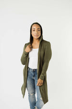 Between Seasons Cardigan In Olive-1XL, 2XL, 3XL, 8-20-2020, Final Few Friday, Group A, Group B, Group C, Group D, Large, Made in the USA, Medium, Plus, Small, Tops, XL, XS-Womens Artisan USA American Made Clothing Accessories