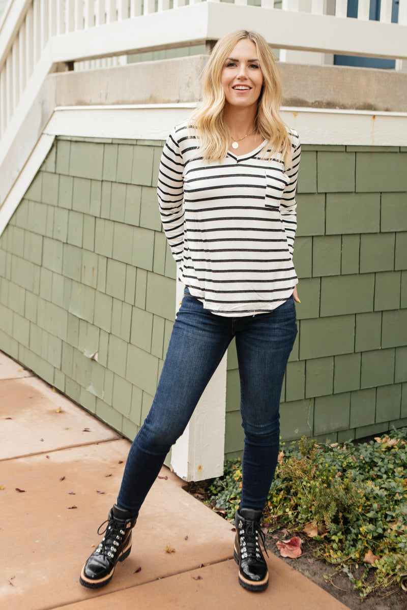 Basically Striped Long Sleeve Top in Ivory and Black - On Hand-10-15-2020, 1XL, 2XL, 3XL, BFCM2020, Group A, Group B, Group C, Group D, Large, Made in the USA, Medium, Plus, Small, Tops, XL, XS-XS-Womens Artisan USA American Made Clothing Accessories