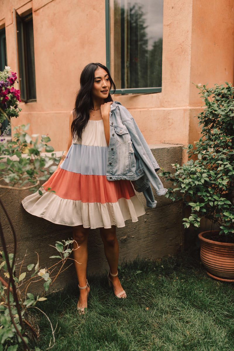 Color Block Ruffles Midi Dress In Coral - On Hand-1XL, 2XL, 3XL, 9-10-2020, BFCM2020, Dresses, Group A, Group B, Group C, Group D, Group S, Group T, Large, Made in the USA, Medium, Plus, Small, Warehouse Sale, XL, XS-Small-Womens Artisan USA American Made Clothing Accessories