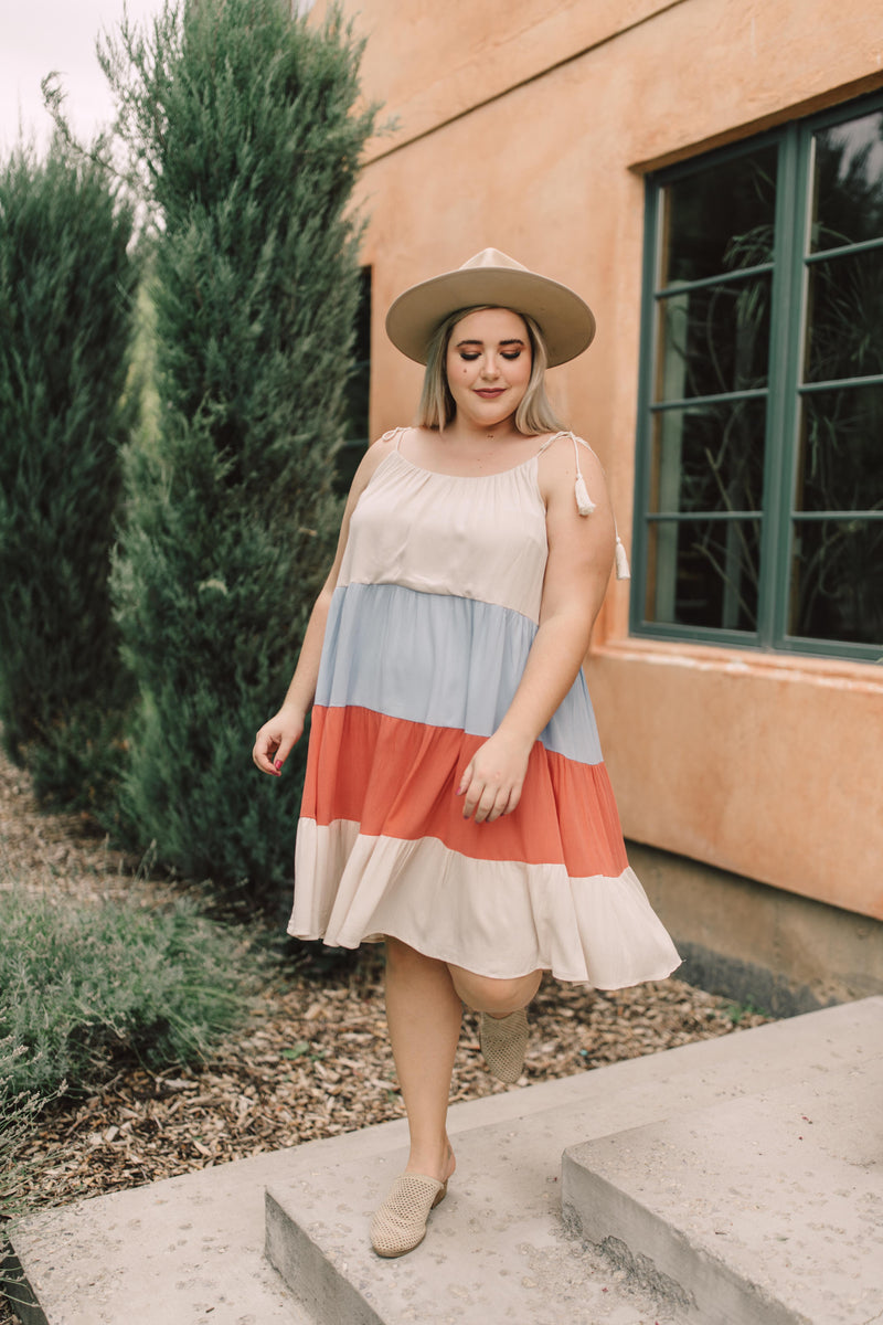 Color Block Ruffles Midi Dress In Coral - On Hand-1XL, 2XL, 3XL, 9-10-2020, BFCM2020, Dresses, Group A, Group B, Group C, Group D, Group S, Group T, Large, Made in the USA, Medium, Plus, Small, Warehouse Sale, XL, XS-Small-Womens Artisan USA American Made Clothing Accessories