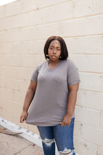 Essential V-Neck Tee In Mocha - On Hand-10-2-2020, 1XL, 2XL, 3XL, 9-24-2020, BFCM2020, Bonus, Final Few Friday, Group A, Group B, Group C, Group D, Group T, Large, Made in the USA, Medium, On hand, Plus, Small, Tops, XL, XS-Small-Womens Artisan USA American Made Clothing Accessories