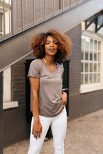 Essential V-Neck Tee In Mocha - On Hand-10-2-2020, 1XL, 2XL, 3XL, 9-24-2020, BFCM2020, Bonus, Final Few Friday, Group A, Group B, Group C, Group D, Group T, Large, Made in the USA, Medium, On hand, Plus, Small, Tops, XL, XS-Small-Womens Artisan USA American Made Clothing Accessories