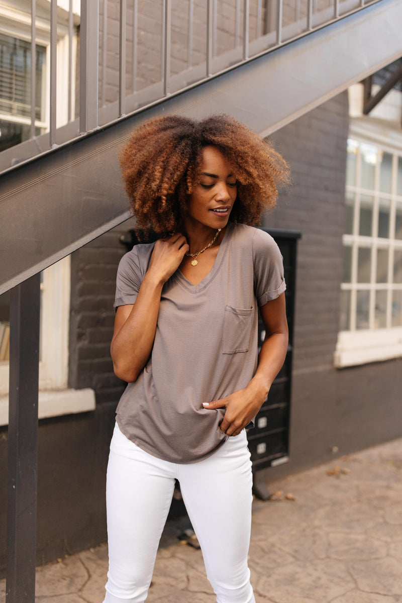 Essential V-Neck Tee In Mocha - On Hand-10-2-2020, 1XL, 2XL, 3XL, 9-24-2020, BFCM2020, Bonus, Final Few Friday, Group A, Group B, Group C, Group D, Group T, Large, Made in the USA, Medium, On hand, Plus, Small, Tops, XL, XS-Small-Womens Artisan USA American Made Clothing Accessories