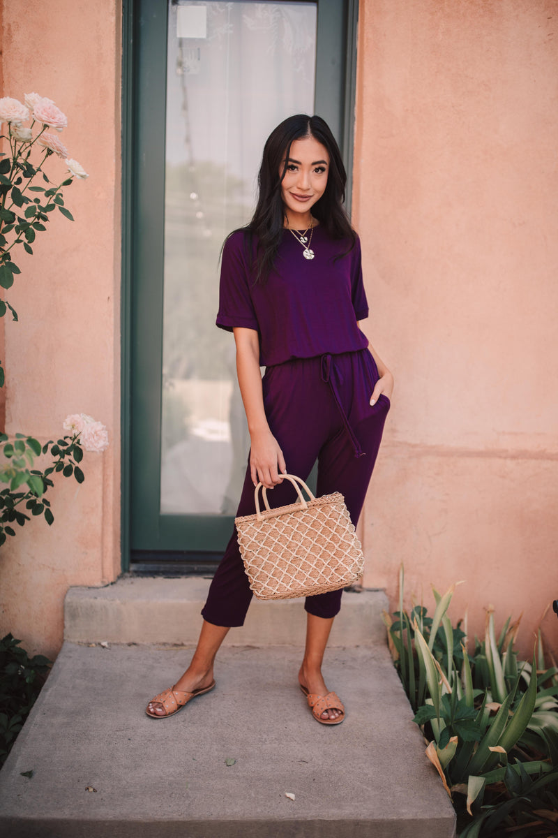 Girl Next Door Jumpsuit In Plum-1XL, 2XL, 3XL, 9-10-2020, BFCM2020, Bottoms, Final Few Friday, Group A, Group B, Group C, Group D, Group T, Large, Made in the USA, Medium, Plus, Small, Warehouse Sale, XL, XS-Womens Artisan USA American Made Clothing Accessories