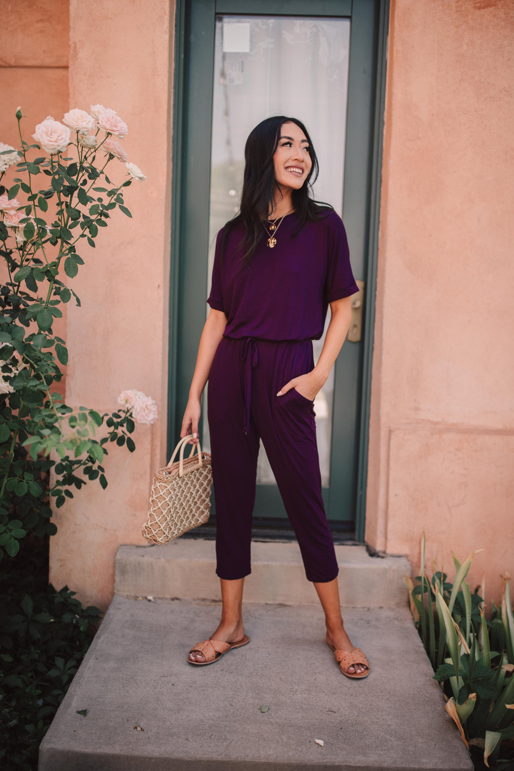 Girl Next Door Jumpsuit In Plum-1XL, 2XL, 3XL, 9-10-2020, BFCM2020, Bottoms, Final Few Friday, Group A, Group B, Group C, Group D, Group T, Large, Made in the USA, Medium, Plus, Small, Warehouse Sale, XL, XS-Womens Artisan USA American Made Clothing Accessories