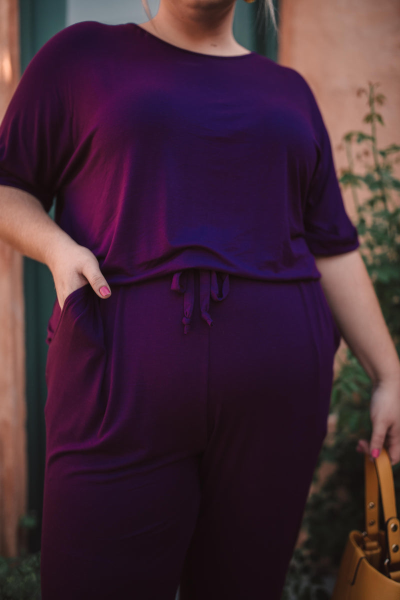 Girl Next Door Jumpsuit In Plum-1XL, 2XL, 3XL, 9-10-2020, BFCM2020, Bottoms, Final Few Friday, Group A, Group B, Group C, Group D, Group T, Large, Made in the USA, Medium, Plus, Small, Warehouse Sale, XL, XS-Womens Artisan USA American Made Clothing Accessories