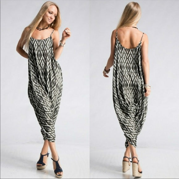 Handkerchief Harem Jumpsuit-geo, made in the usa, rayon-Womens Artisan USA American Made Clothing Accessories