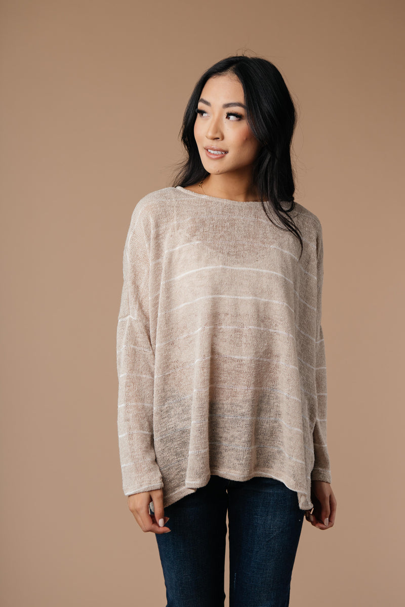 Lightweight Striped Pullover In Taupe - On Hand-1XL, 2XL, 3XL, 9-8-2020, BFCM2020, Group A, Group B, Group C, Group D, Group V, Large, Made in the USA, Medium, Plus, Small, Tops, Warehouse Sale, XL, XS-Small-Womens Artisan USA American Made Clothing Accessories