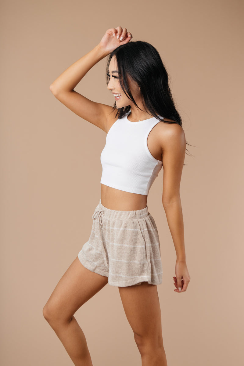 Lightweight Striped Shorts In Taupe - On Hand-1XL, 2XL, 3XL, 9-8-2020, BFCM2020, Bottoms, Group A, Group B, Group C, Group D, Group V, Large, Loungewear, Made in the USA, Medium, On hand, Plus, Shorts, Small, Warehouse Sale, XL, XS-Medium-Womens Artisan USA American Made Clothing Accessories