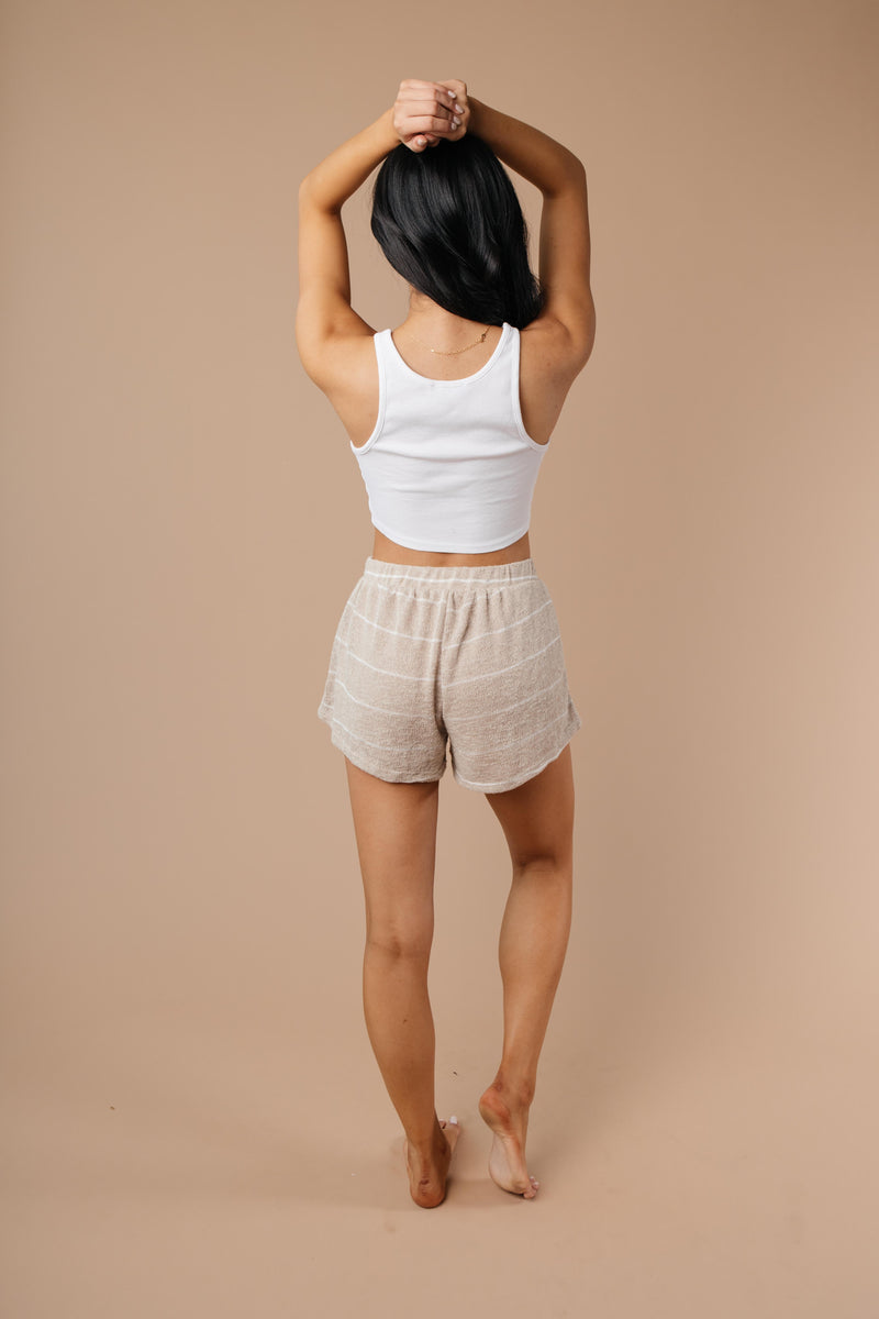 Lightweight Striped Shorts In Taupe - On Hand-1XL, 2XL, 3XL, 9-8-2020, BFCM2020, Bottoms, Group A, Group B, Group C, Group D, Group V, Large, Loungewear, Made in the USA, Medium, On hand, Plus, Shorts, Small, Warehouse Sale, XL, XS-Medium-Womens Artisan USA American Made Clothing Accessories