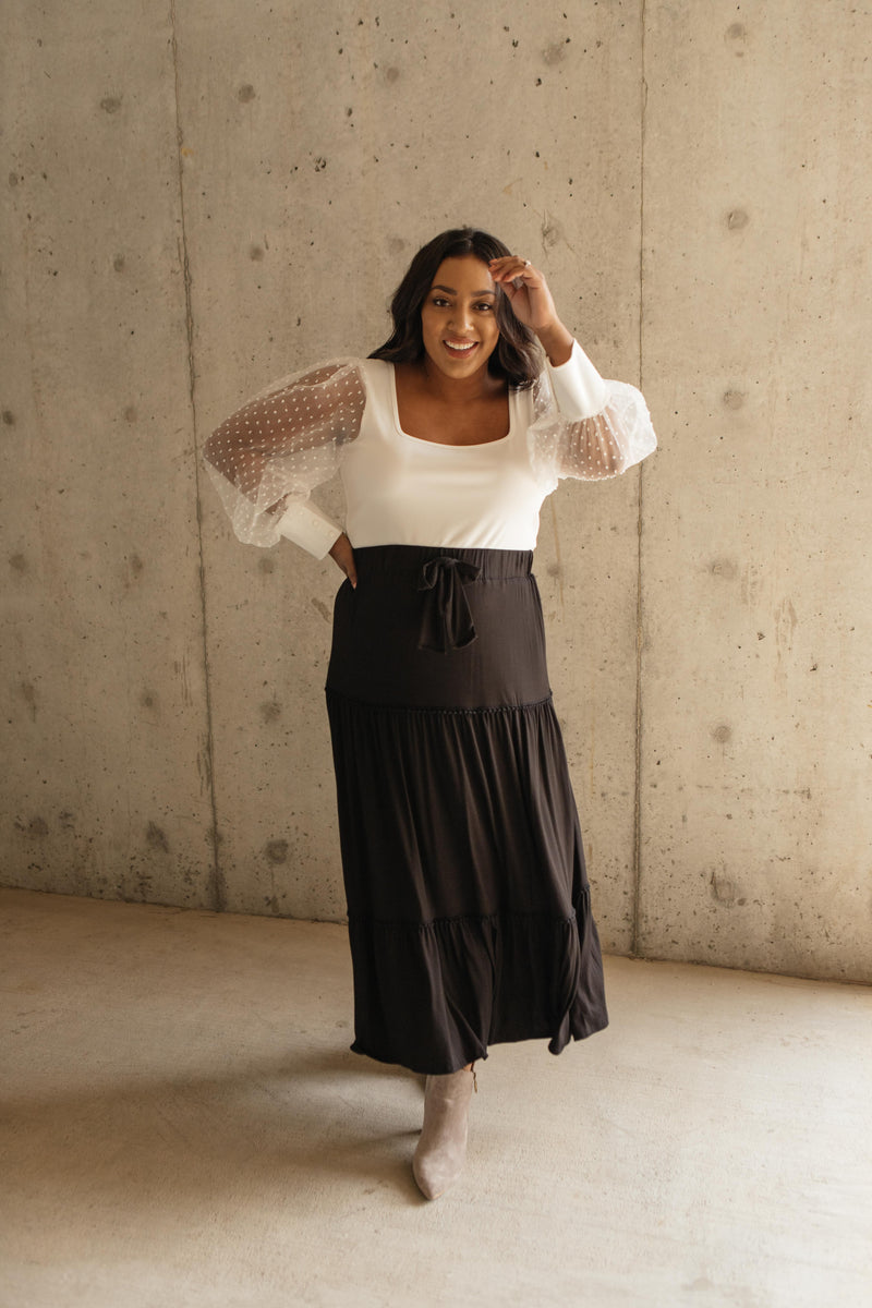 Tiered & Tied Skirt In Black - On Hand-10-7-2020, 1XL, 2XL, 3XL, BFCM2020, Bottoms, Group A, Group B, Group C, Group D, Group S, Group T, Large, Made in the USA, Medium, Plus, Small, XL, XS-Medium-Womens Artisan USA American Made Clothing Accessories