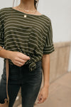 Tow The Line Striped Tee In Olive-1XL, 2XL, 9-17-2020, BFCM2020, Group A, Group B, Group C, Group D, M/L, Made in the USA, Plus, S/M, Tops, XL-Womens Artisan USA American Made Clothing Accessories