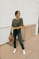 Tow The Line Striped Tee In Olive-1XL, 2XL, 9-17-2020, BFCM2020, Group A, Group B, Group C, Group D, M/L, Made in the USA, Plus, S/M, Tops, XL-Womens Artisan USA American Made Clothing Accessories