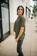 Tow The Line Striped Tee In Olive-1XL, 2XL, 9-17-2020, BFCM2020, Group A, Group B, Group C, Group D, M/L, Made in the USA, Plus, S/M, Tops, XL-Womens Artisan USA American Made Clothing Accessories