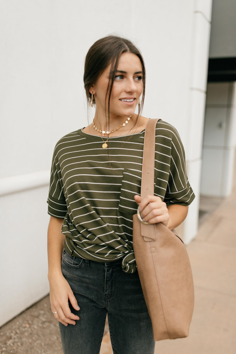 Tow The Line Striped Tee In Olive-1XL, 2XL, 9-17-2020, BFCM2020, Group A, Group B, Group C, Group D, M/L, Made in the USA, Plus, S/M, Tops, XL-Womens Artisan USA American Made Clothing Accessories