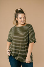 Tow The Line Striped Tee In Olive-1XL, 2XL, 9-17-2020, BFCM2020, Group A, Group B, Group C, Group D, M/L, Made in the USA, Plus, S/M, Tops, XL-Womens Artisan USA American Made Clothing Accessories