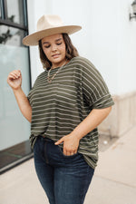 Tow The Line Striped Tee In Olive-1XL, 2XL, 9-17-2020, BFCM2020, Group A, Group B, Group C, Group D, M/L, Made in the USA, Plus, S/M, Tops, XL-Womens Artisan USA American Made Clothing Accessories