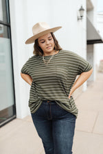 Tow The Line Striped Tee In Olive-1XL, 2XL, 9-17-2020, BFCM2020, Group A, Group B, Group C, Group D, M/L, Made in the USA, Plus, S/M, Tops, XL-Womens Artisan USA American Made Clothing Accessories