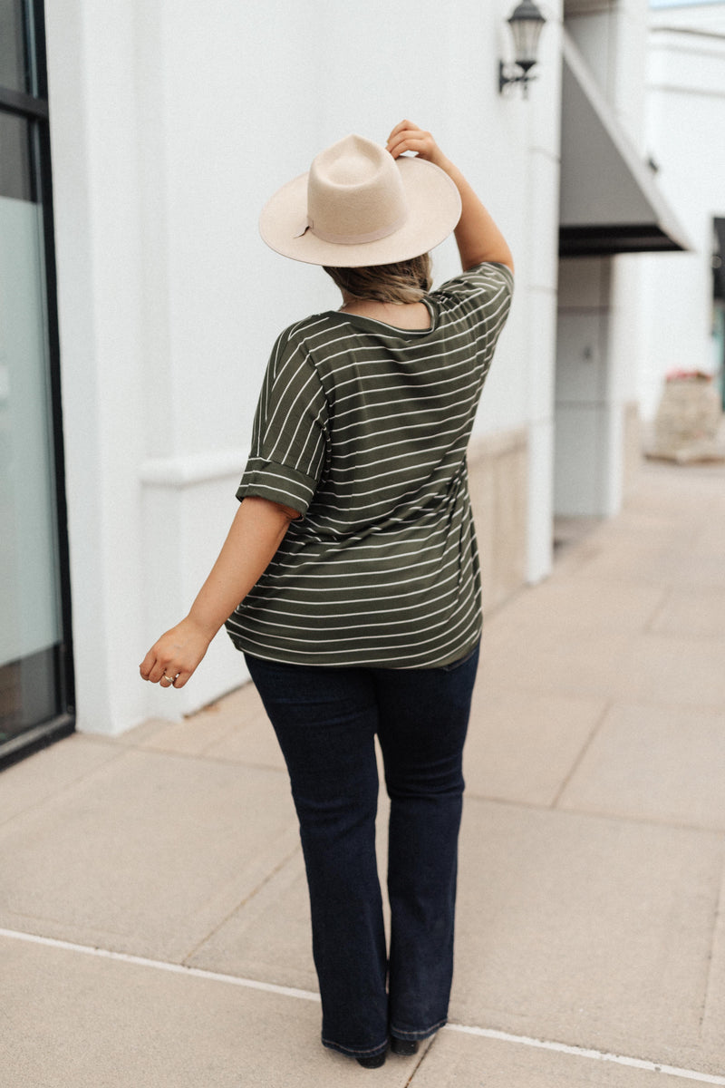 Tow The Line Striped Tee In Olive-1XL, 2XL, 9-17-2020, BFCM2020, Group A, Group B, Group C, Group D, M/L, Made in the USA, Plus, S/M, Tops, XL-Womens Artisan USA American Made Clothing Accessories