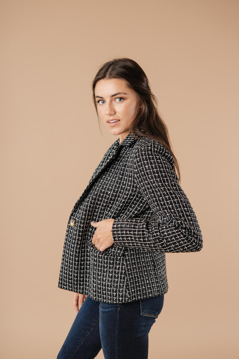 Tweedle Delightful Tweed Blazer In Black-11-12-2021, 1XL, 2XL, 3XL, 9-15-2020, Group A, Group B, Group C, Group T, Group U, Group X, Group Y, Group Z, Large, Made in the USA, Medium, Plus, Re-Release, SiteWide21, Small, Tops-Womens Artisan USA American Made Clothing Accessories
