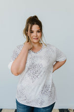 Fading Away Leopard V-Neck In Gray-1XL, 2XL, 3XL, 8-12-2020, 8-4-2020, Bonus, Group A, Group B, Group C, Group D, Group T, LaborDay2021, Large, Made in the USA, Medium, Plus, Small, Tops, XL, XS-Womens Artisan USA American Made Clothing Accessories
