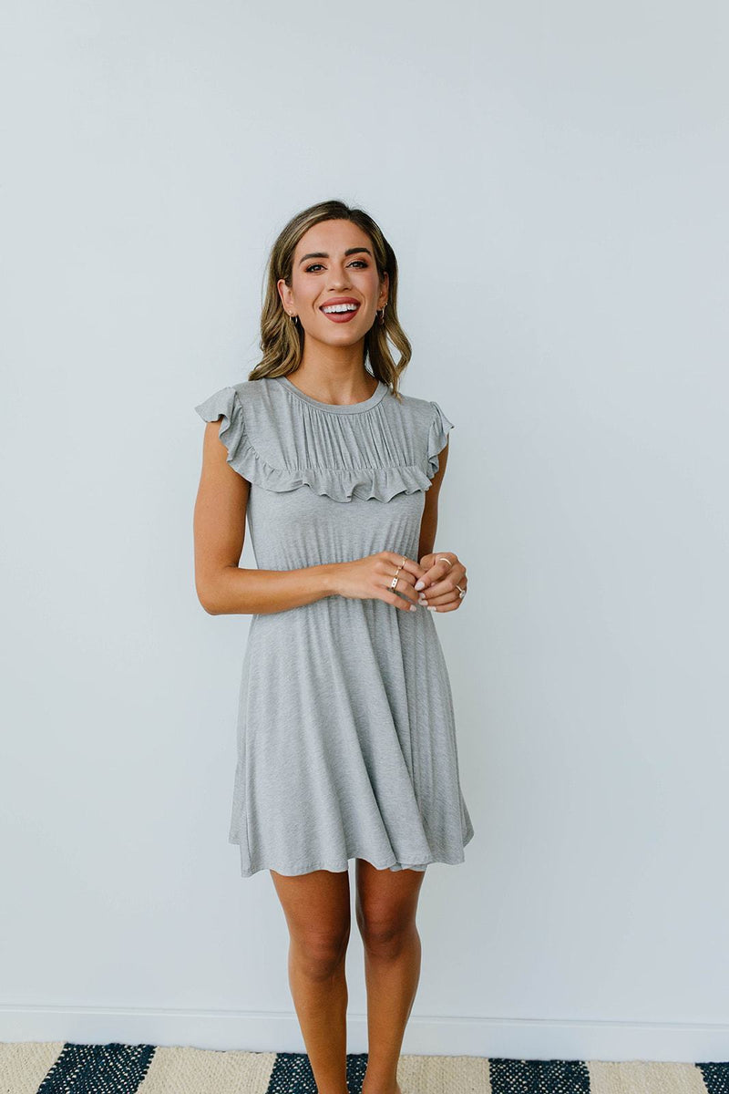 Gray Day Ruffled Yoke Dress - On Hand-1XL, 2XL, 3XL, 8-12-2020, 8-4-2020, BFCM2020, Bonus, Dresses, Group A, Group B, Group C, Group D, Large, Made in the USA, Medium, Plus, Small, XL, XS-Medium-Womens Artisan USA American Made Clothing Accessories