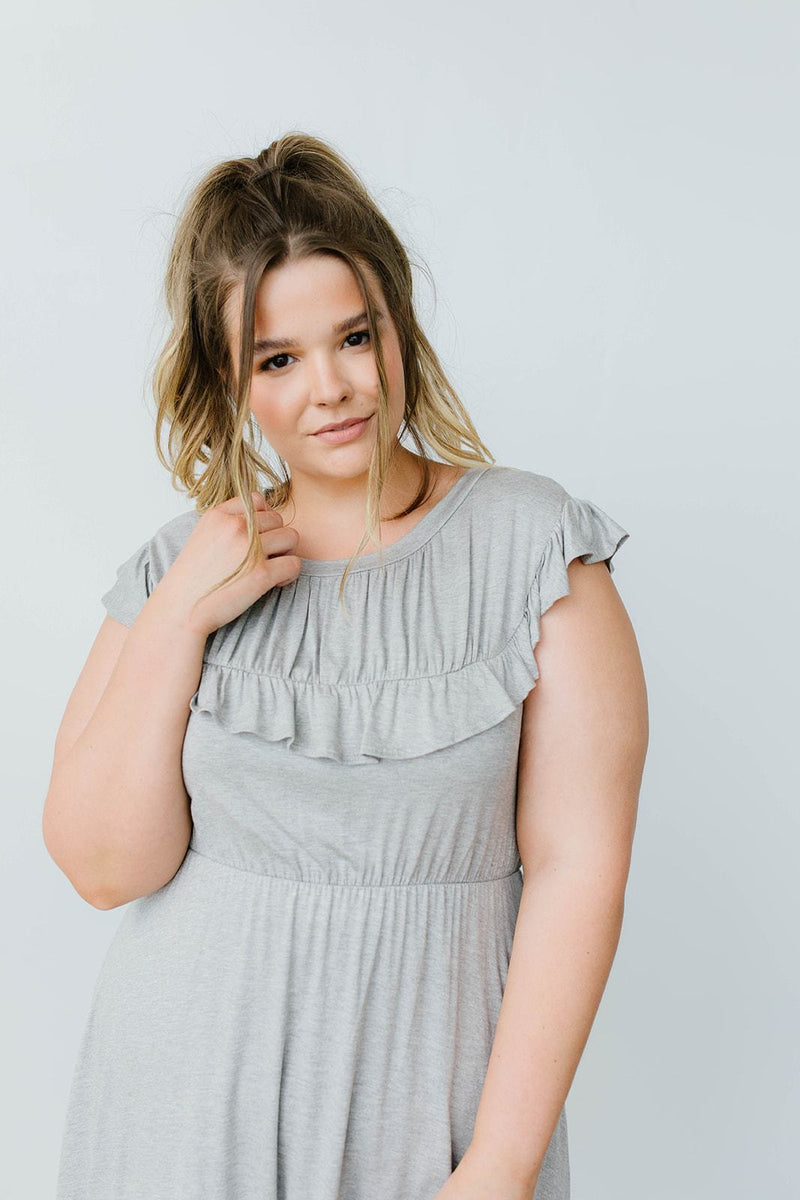 Gray Day Ruffled Yoke Dress - On Hand-1XL, 2XL, 3XL, 8-12-2020, 8-4-2020, BFCM2020, Bonus, Dresses, Group A, Group B, Group C, Group D, Large, Made in the USA, Medium, Plus, Small, XL, XS-Medium-Womens Artisan USA American Made Clothing Accessories