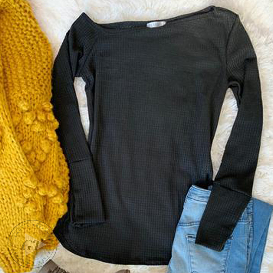 Waffle Weave Off Shoulder w/ Thumbholes Top-Black Top, Blakeley, Cold Shoulder, EOY2020, Long Sleeve, Made in the USA, Off Shoulder, Outerwear, Sweaters, Thumb holes, Waffle Fabric-L/XL-Womens Artisan USA American Made Clothing Accessories