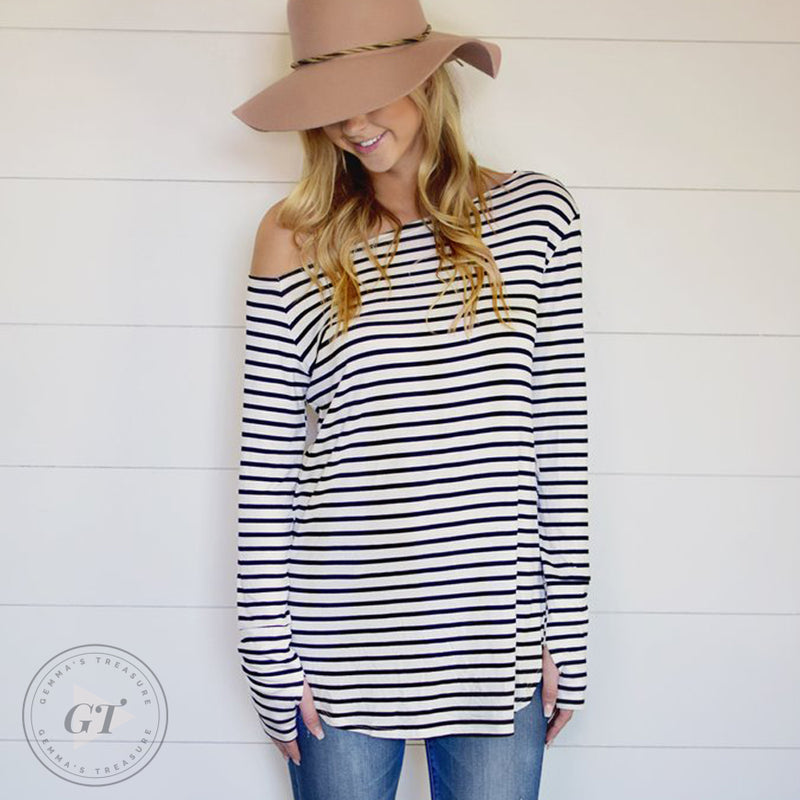 Off Shoulder Striped Sweater Top w/thumb holes-Made in the USA, Outerwear, Poly, Span, Sweater, Sweaters-L/XL-Womens Artisan USA American Made Clothing Accessories