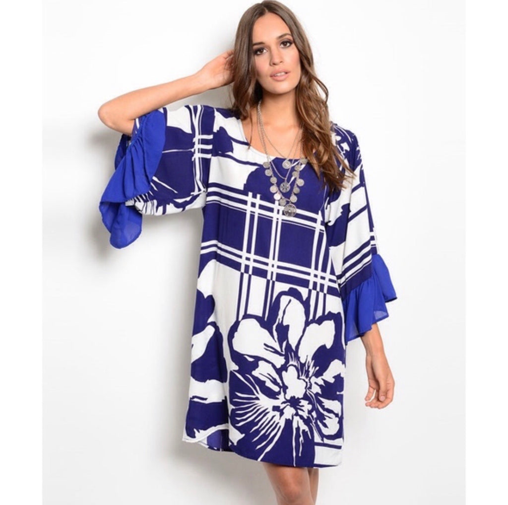 Navy & White Retro Floral Dress-Dresses, Made in the USA-Womens Artisan USA American Made Clothing Accessories