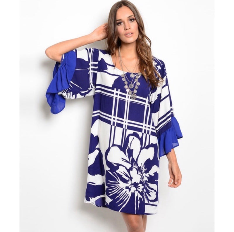 Navy & White Retro Floral Dress-Dresses, Made in the USA-Womens Artisan USA American Made Clothing Accessories