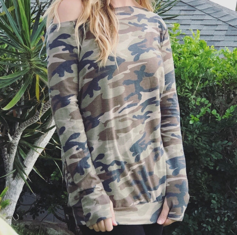 Camo Off Shoulder Top w/ Thumbholes-camo, Made in the USA, Off Shoulder, Thumb holes-Womens Artisan USA American Made Clothing Accessories