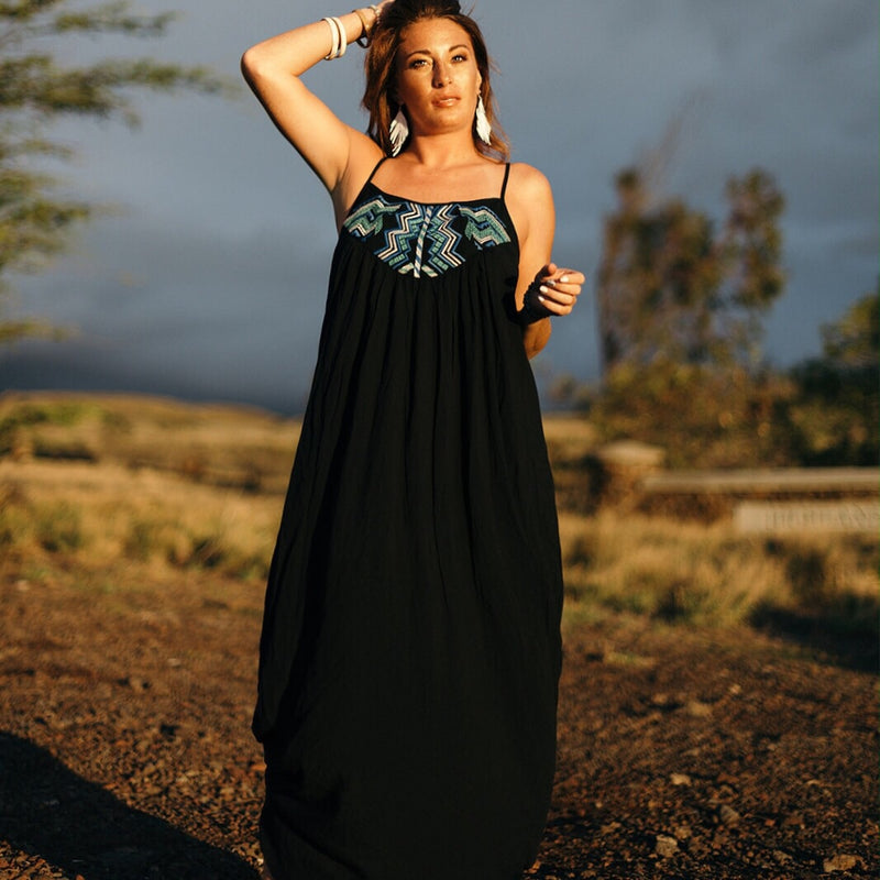 Black Pleated Maxi Dress w/accent-Dresses, Sale-Womens Artisan USA American Made Clothing Accessories