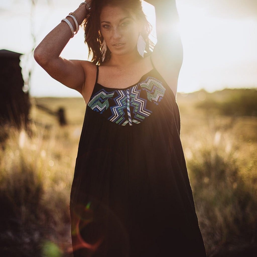 Black Pleated Maxi Dress w/accent-Dresses, Sale-Womens Artisan USA American Made Clothing Accessories