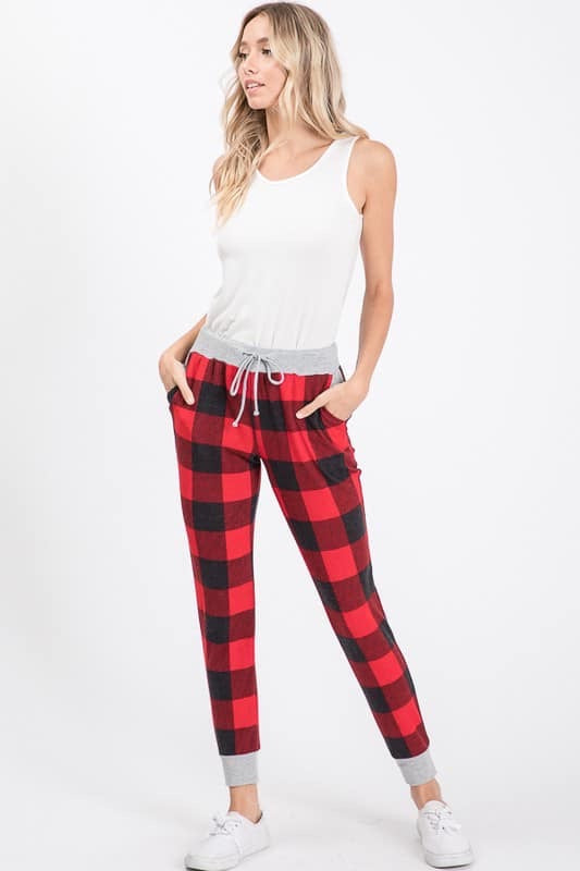 Red Buffalo Plaid Joggers-Bottoms, Buffalo plaid, christmas, holiday, joggers, Made in the USA, On hand, plaid-Womens Artisan USA American Made Clothing Accessories