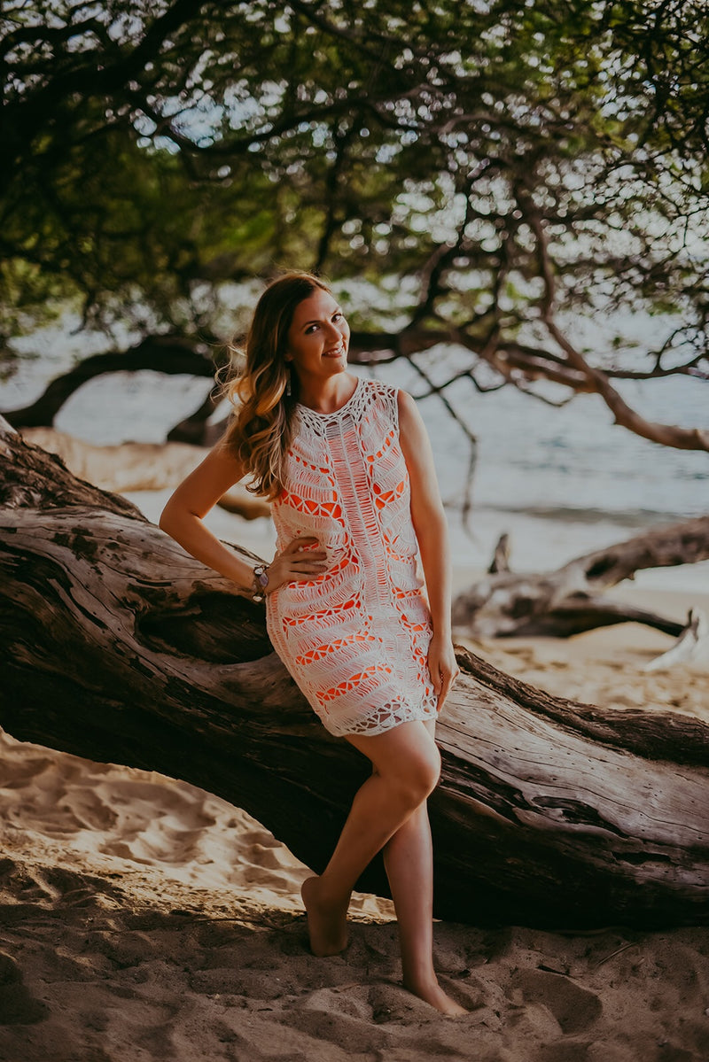 White Crochet Dress & Coverup with Melon Slip-Dresses-Womens Artisan USA American Made Clothing Accessories