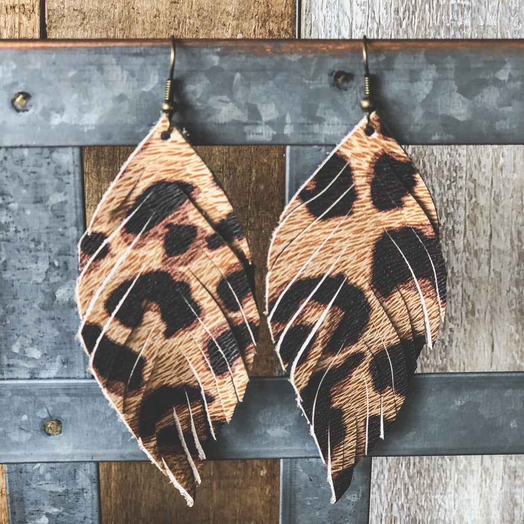 Leopard Feather Leather Earrings-accessories, earrings, jewelry, Made in the USA-Womens Artisan USA American Made Clothing Accessories