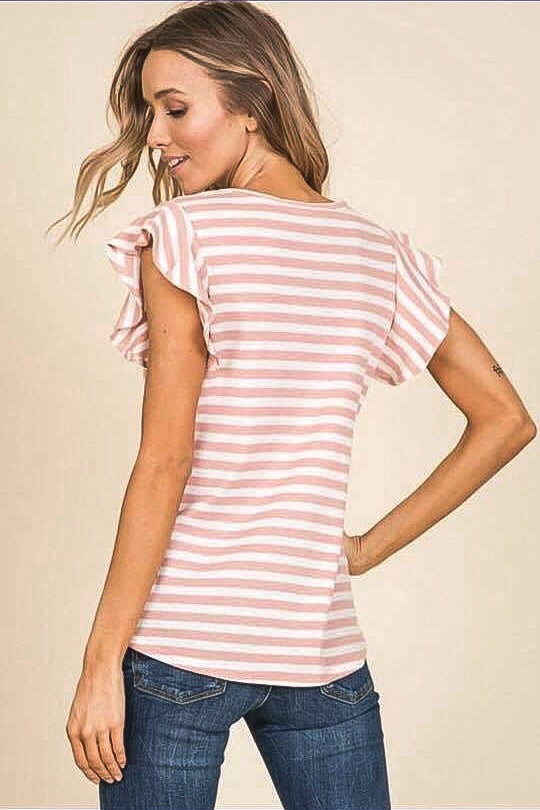 Pink Striped Top with Ruffle Sleeve-Made in the USA-Womens Artisan USA American Made Clothing Accessories