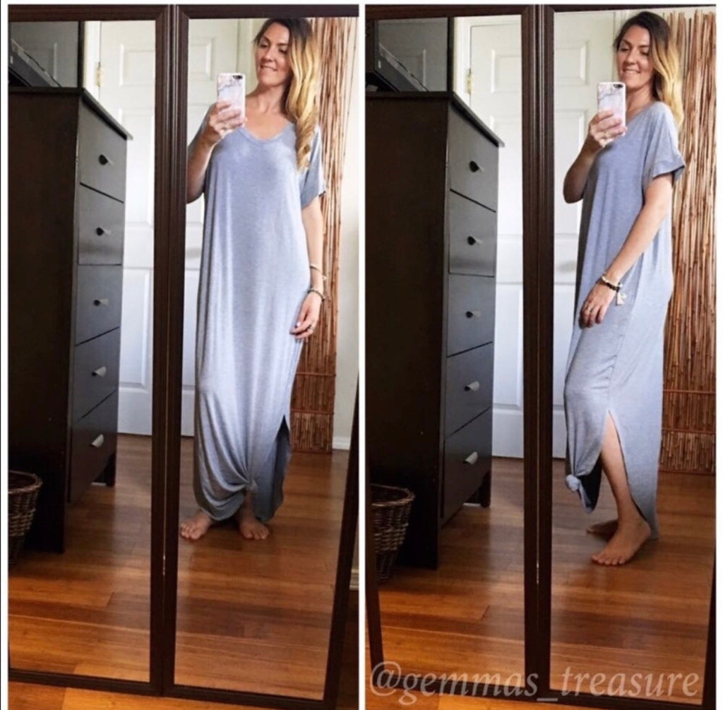 Short Sleeve Grey Dolman Maxi Dress-Dresses, Made in the USA-Womens Artisan USA American Made Clothing Accessories