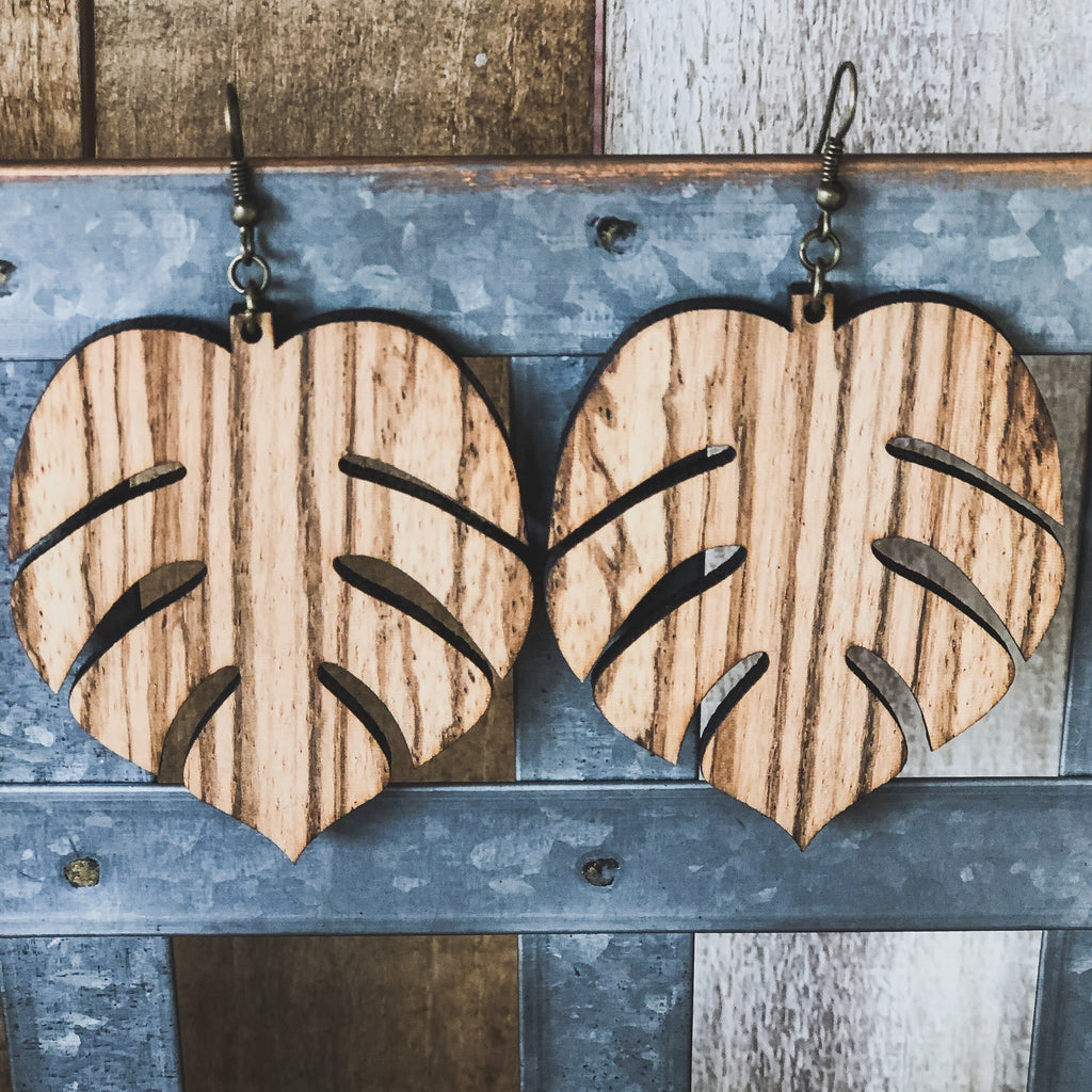 Large Monstera Zebra Wood Earrings-accessories, earrings, jewelry-Womens Artisan USA American Made Clothing Accessories