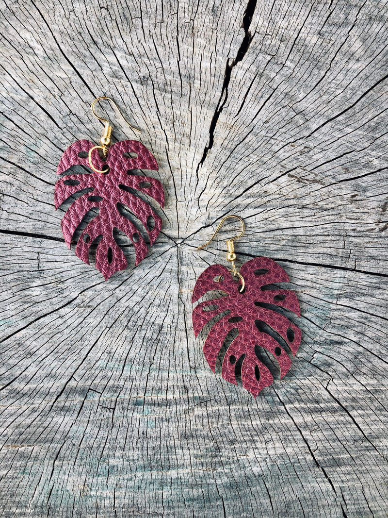 Vegan Leather Monstera Earrings - Made in Hawaii-Hawaii-Womens Artisan USA American Made Clothing Accessories