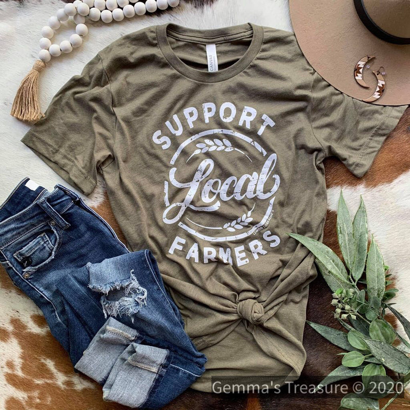 Support Local Farmers Tee in Olive-farmer, graphic tee, Graphic Tees, Made in the USA, olive, screen printed-Womens Artisan USA American Made Clothing Accessories