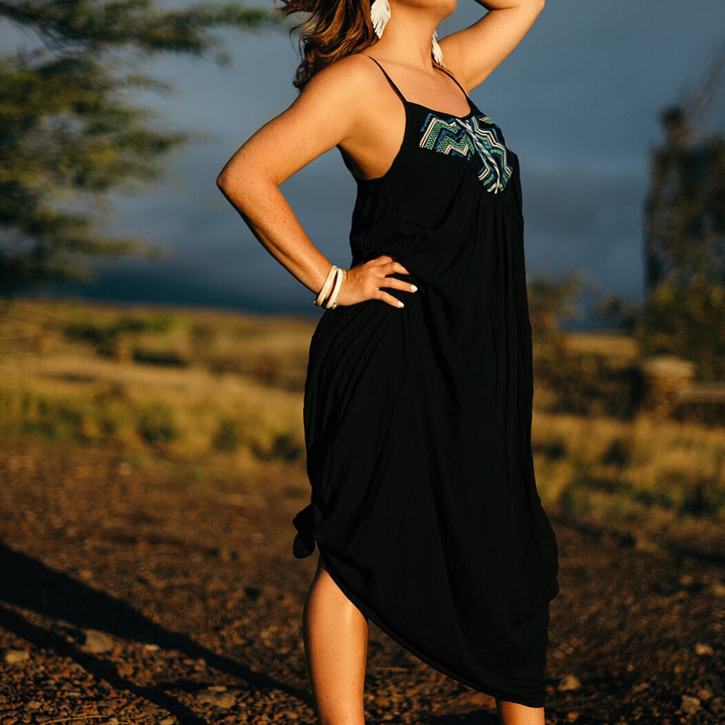 Black Pleated Maxi Dress w/accent-Dresses, Sale-Womens Artisan USA American Made Clothing Accessories