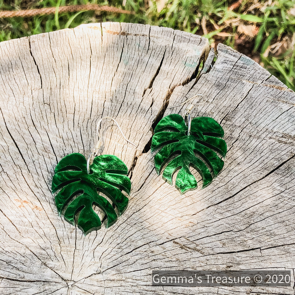 Iridescent Green Monstera Earrings - Made in Hawaii-accessories, earrings, Hawaii, jewelry, Made in the USA-Womens Artisan USA American Made Clothing Accessories